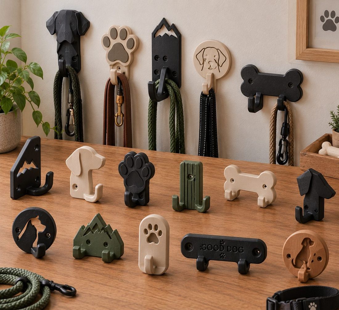 Leinen-Wandhaken in vielen Formen, unter anderem Hundekopf, Pfote, Berge, Knochen und Schild mit Good Dog, an der Wand mit Leinen und auf dem Tisch