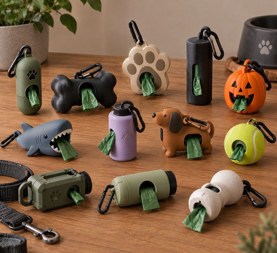 Zwölf Kotbeutel-Spender mit Karabiner, unter anderem als Knochen, Pfote, Hai, Dackel, Kürbis und Tennisball